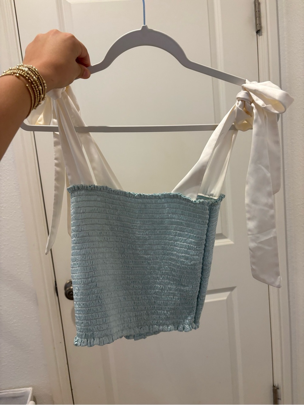 Smocked Tie-Strap Crop Top in Light Blue and Cream
